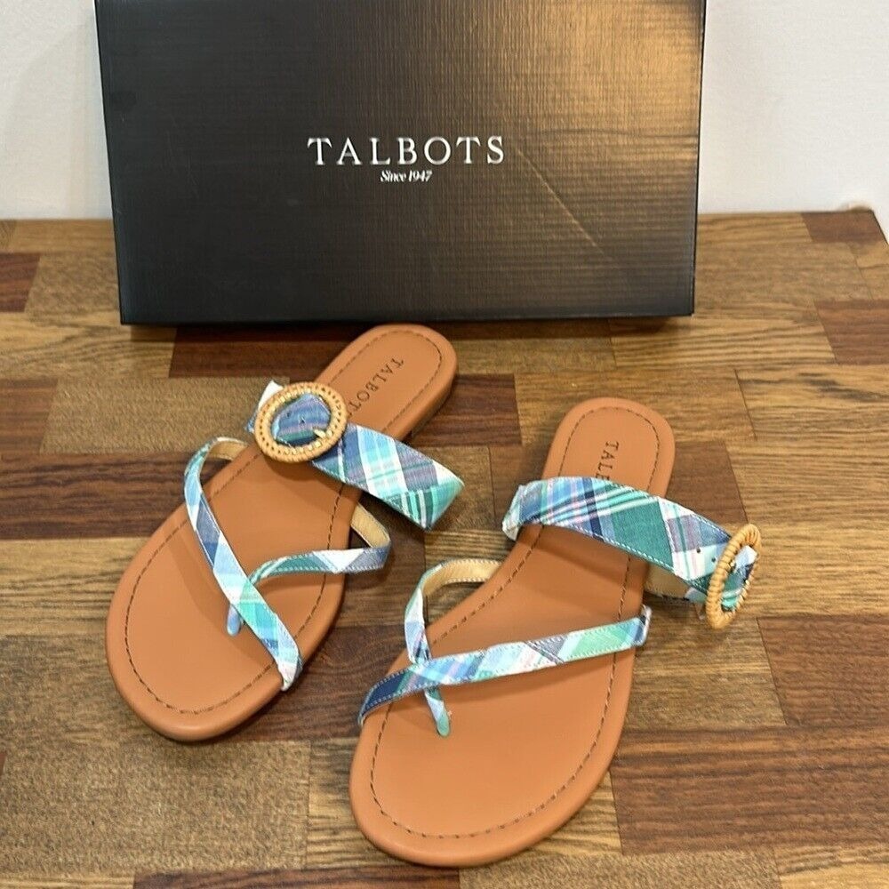 Talbots Womens Gia‎ Buckle Sandal 8 Plaid Multi Criss Cross Summer Coastal Flat - Picture 3 of 7